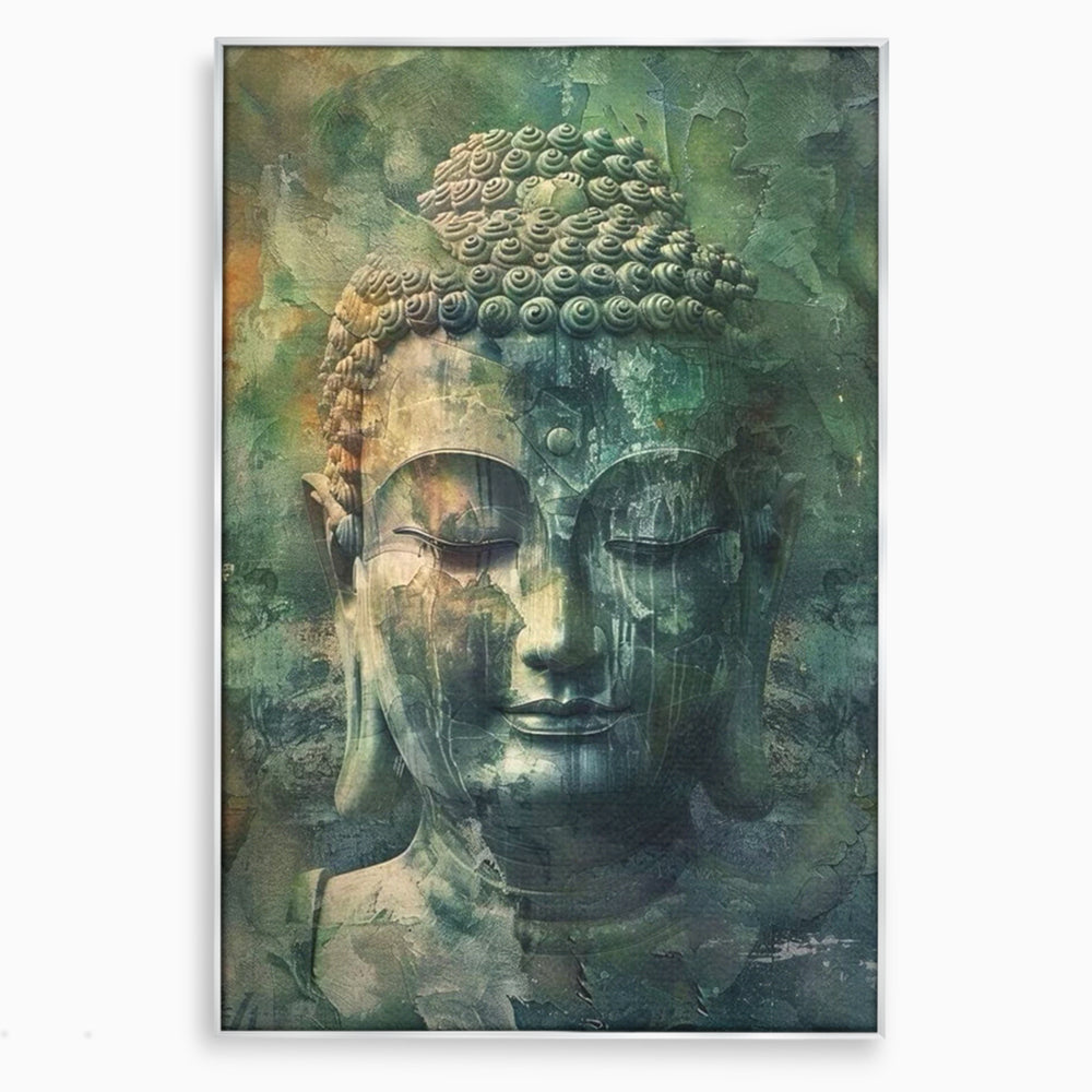 Tablou canvas cu tablou canvas cu chipul lui buddha, in rama de aluminiu argintiu