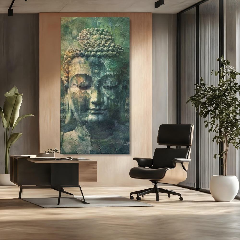 Tablou canvas cu tablou canvas cu chipul lui buddha, fara rama, pe sasiu de lemn, pe perete intr-un birou