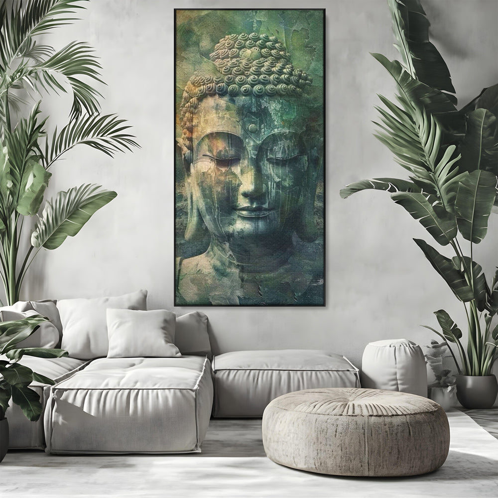 Tablou canvas cu tablou canvas cu chipul lui buddha, in rama de aluminiu negru, pe perete intr-un living