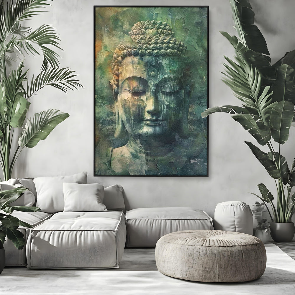 Tablou canvas cu tablou canvas cu chipul lui buddha, in rama de aluminiu negru, pe perete intr-un living