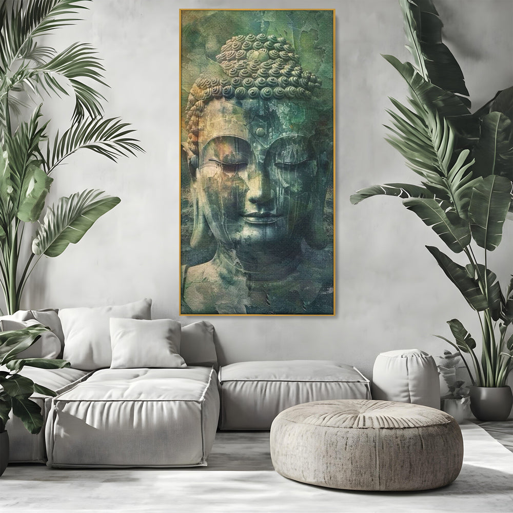 Tablou canvas cu tablou canvas cu chipul lui buddha, in rama de aluminiu auriu, pe perete intr-un living