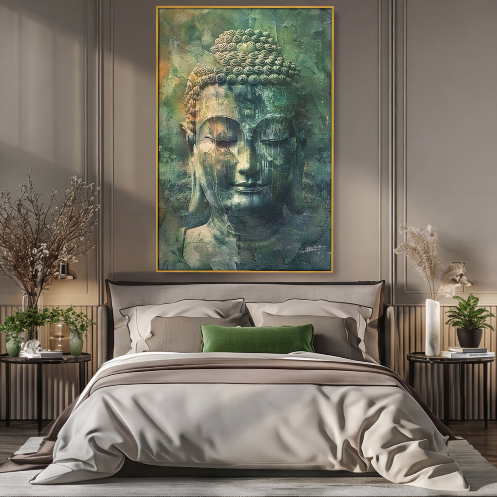 Tablou canvas cu tablou canvas cu chipul lui buddha, in rama de aluminiu auriu, pe perete intr-un dormitor