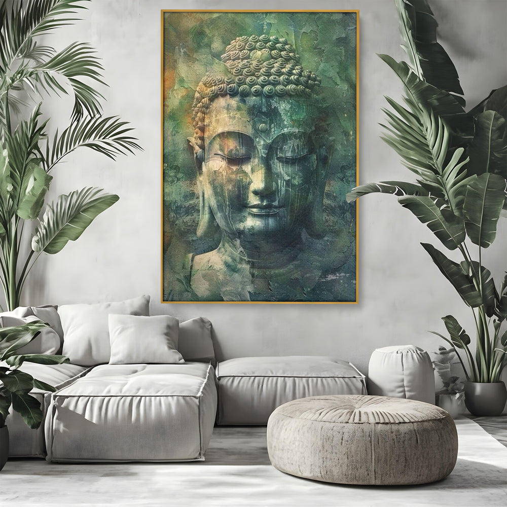 Tablou canvas cu tablou canvas cu chipul lui buddha, in rama de aluminiu auriu, pe perete intr-un living