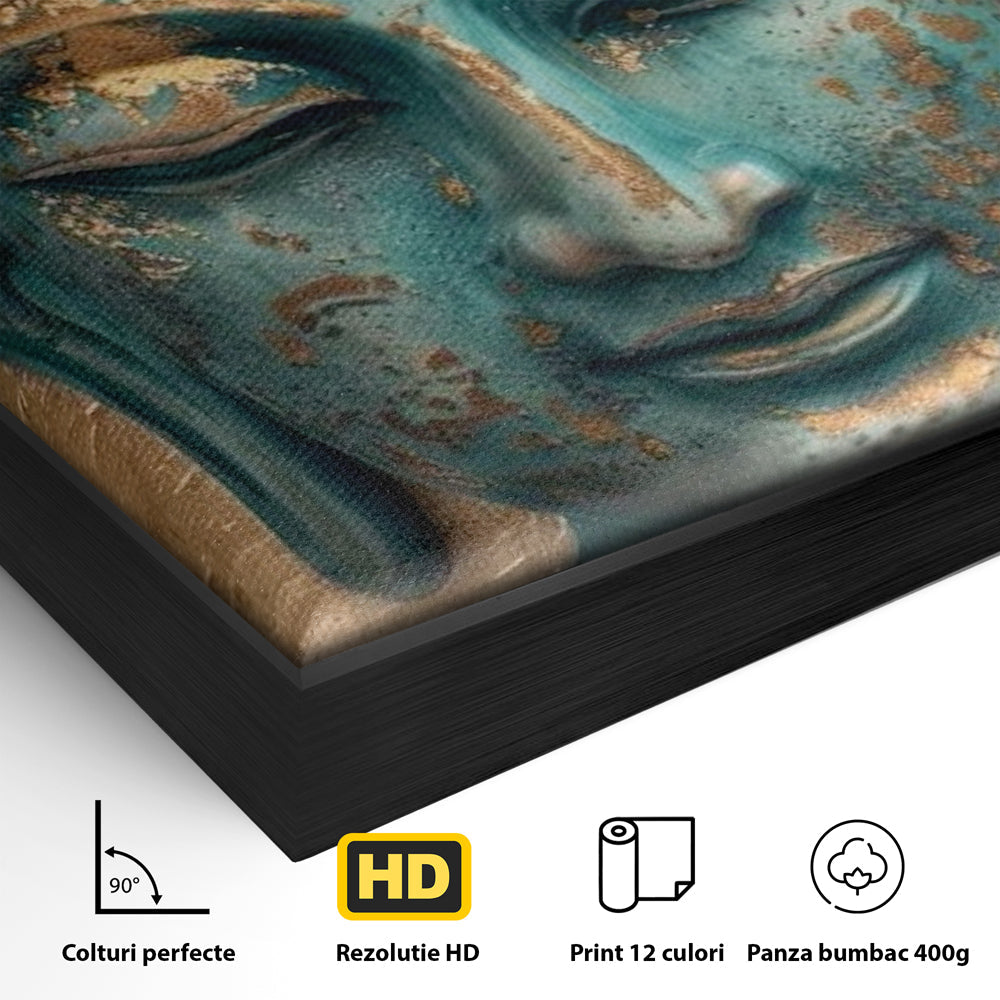 Detaliu al suprafetei: tablou canvas cu capul lui buddha turcoaz, in rama de aluminiu negru