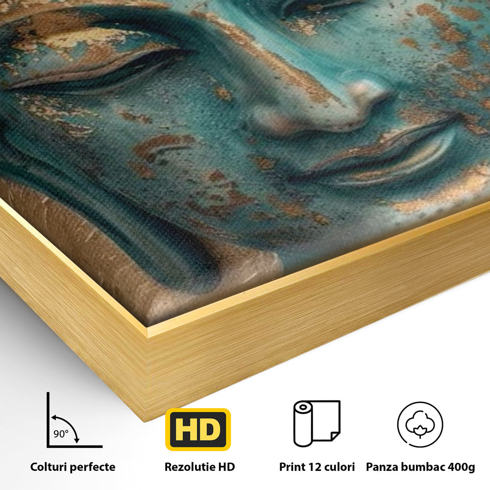 Detaliu al suprafetei: tablou canvas cu capul lui buddha turcoaz, in rama de aluminiu auriu