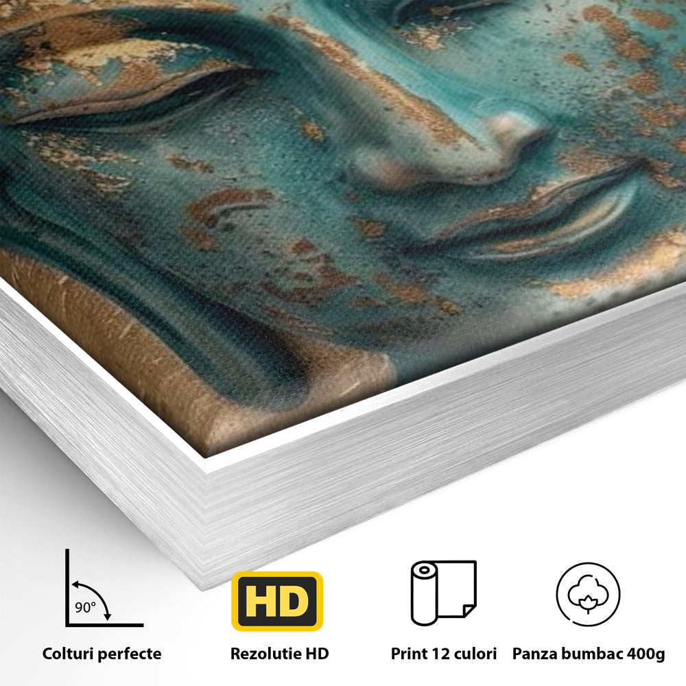 Detaliu al suprafetei: tablou canvas cu capul lui buddha turcoaz, in rama de aluminiu argintiu