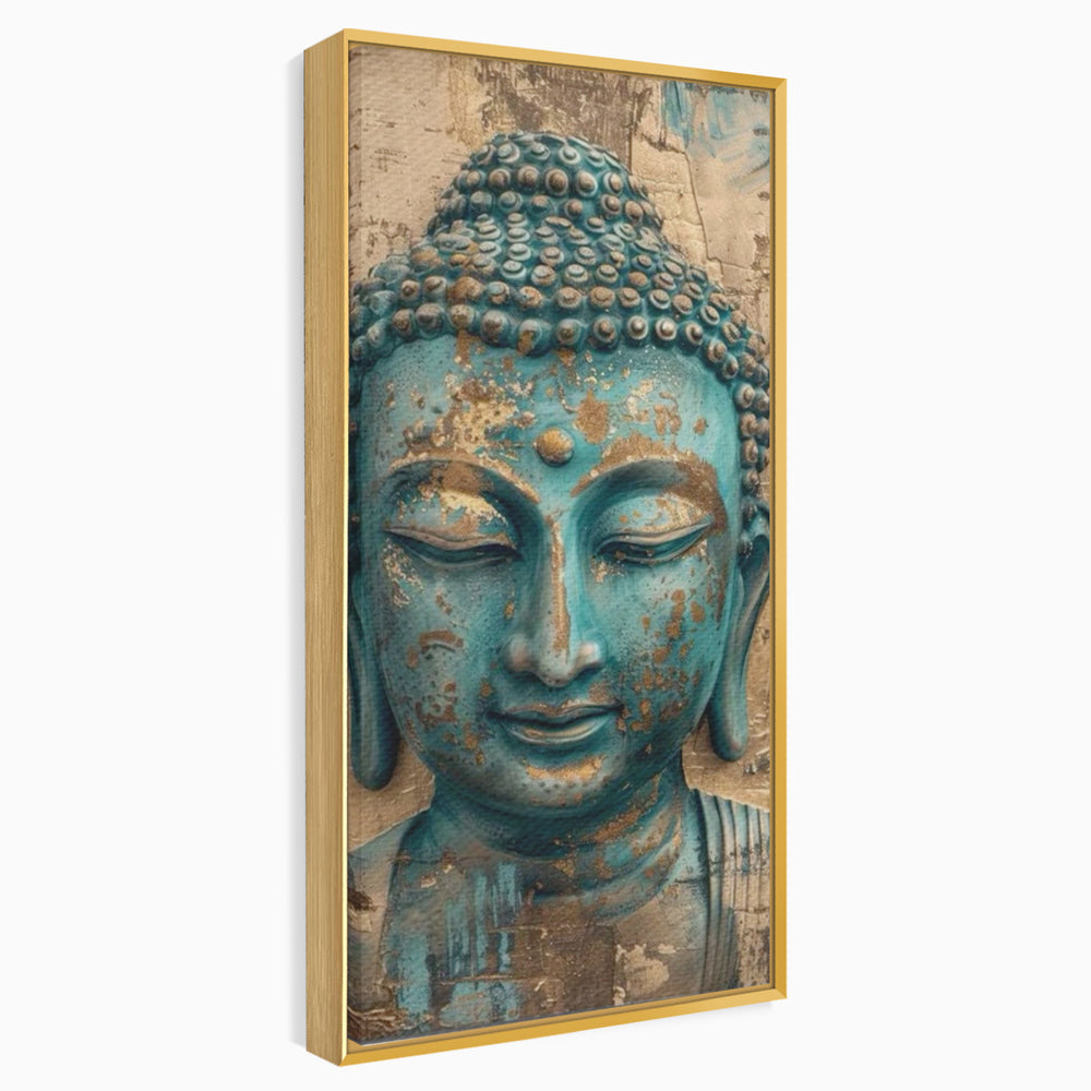 Tablou canvas cu tablou canvas cu capul lui buddha turcoaz, in rama de aluminiu auriu