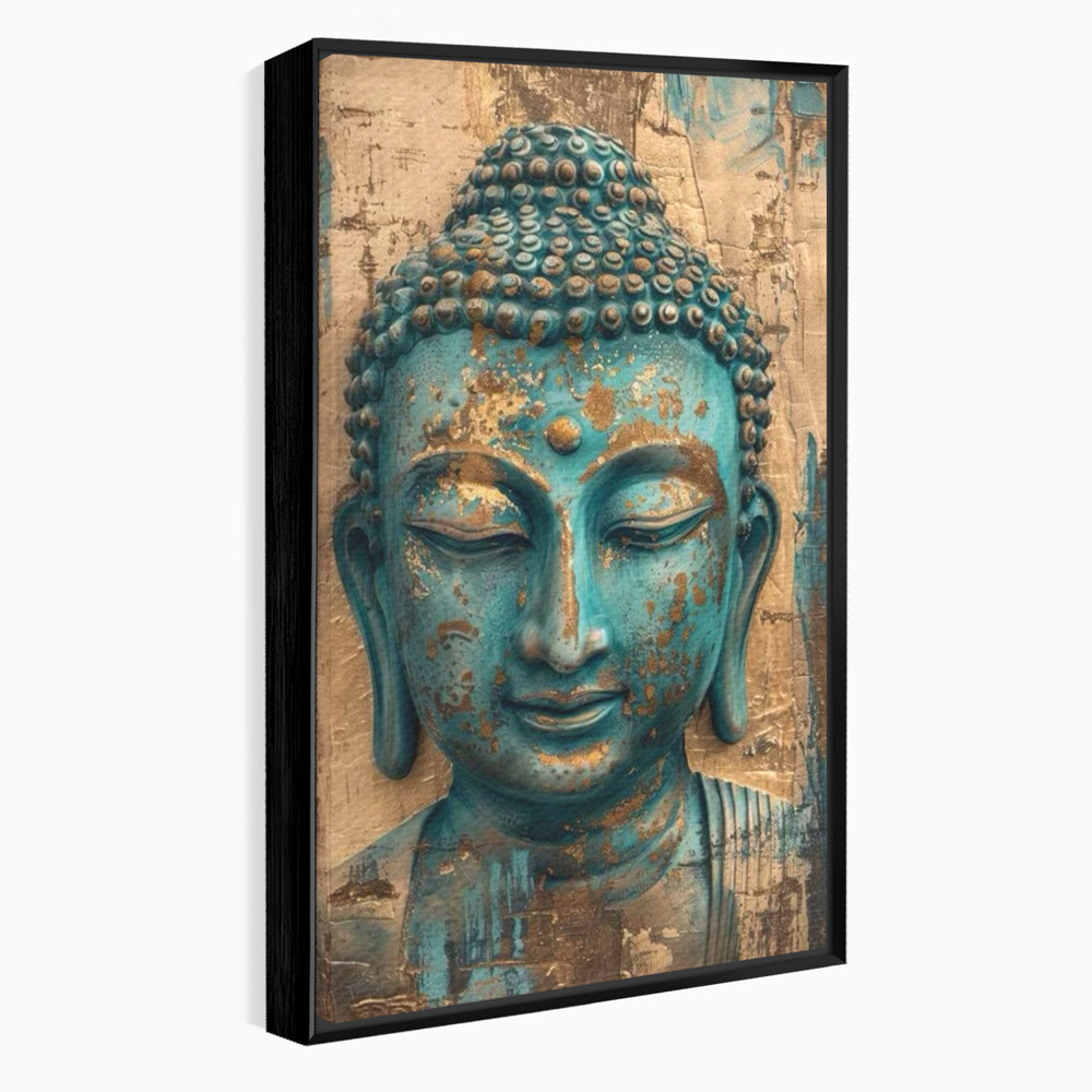 Tablou canvas cu tablou canvas cu capul lui buddha turcoaz, in rama de aluminiu negru
