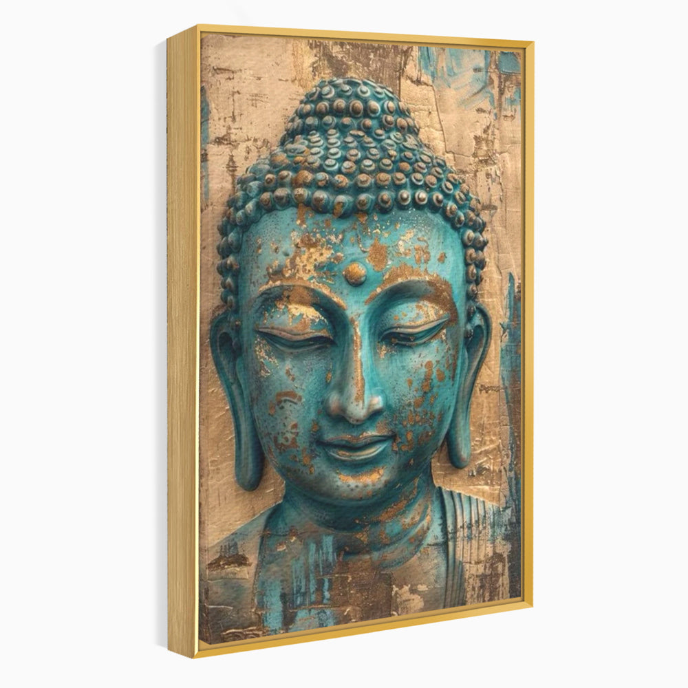 Tablou canvas cu tablou canvas cu capul lui buddha turcoaz, in rama de aluminiu auriu