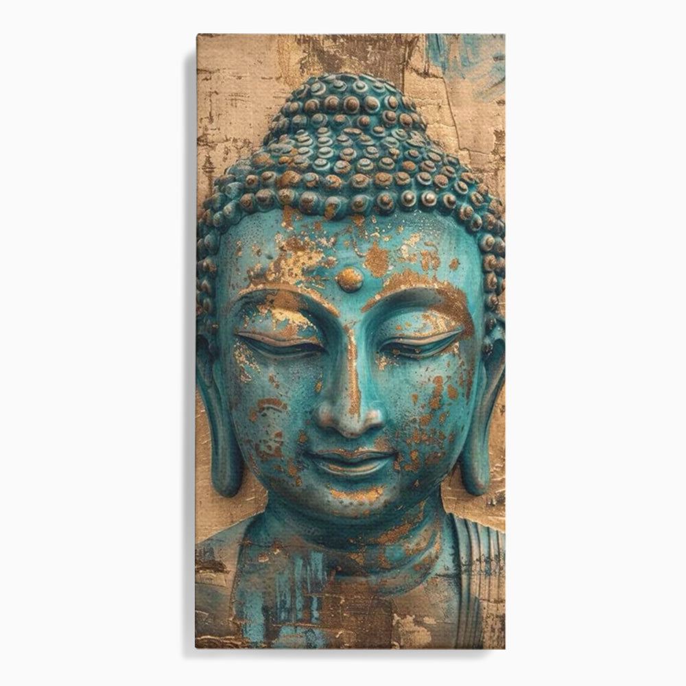Tablou canvas cu tablou canvas cu capul lui buddha turcoaz, fara rama, pe sasiu de lemn