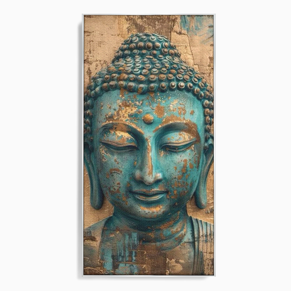 Tablou canvas cu tablou canvas cu capul lui buddha turcoaz, in rama de aluminiu argintiu