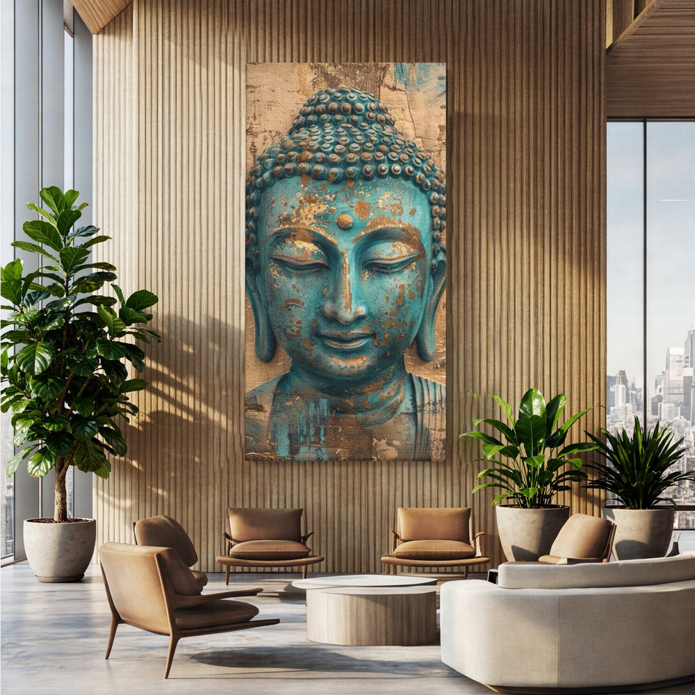 Tablou canvas cu tablou canvas cu capul lui buddha turcoaz, fara rama, pe sasiu de lemn, pe perete intr-un birou