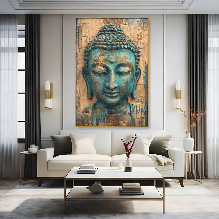 Tablou canvas cu tablou canvas cu capul lui buddha turcoaz, in rama de aluminiu auriu, pe perete intr-un living