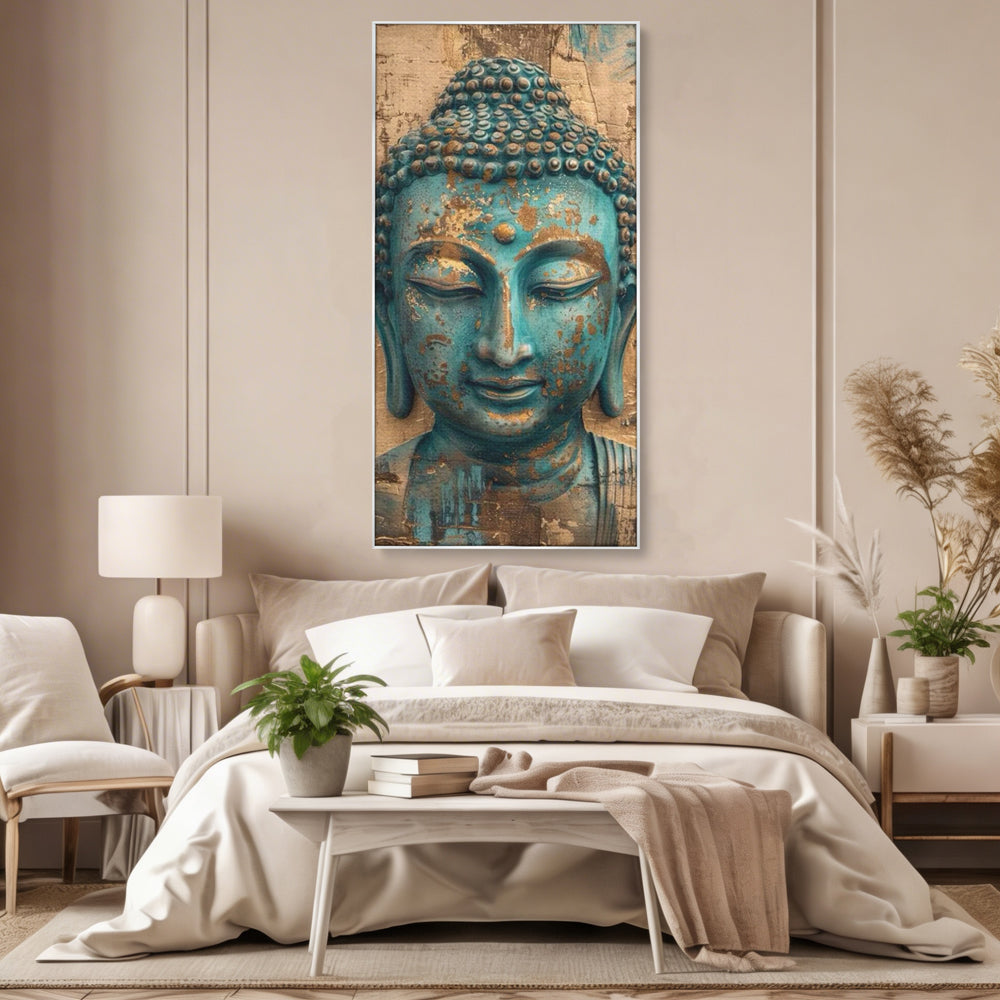 Tablou canvas cu tablou canvas cu capul lui buddha turcoaz, in rama de aluminiu argintiu, pe perete intr-un dormitor