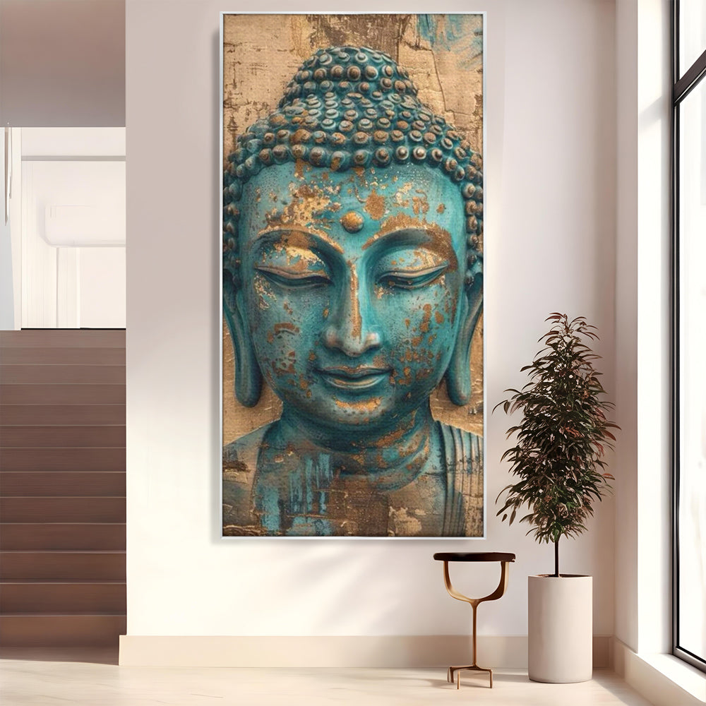 Tablou canvas cu tablou canvas cu capul lui buddha turcoaz, in rama de aluminiu argintiu