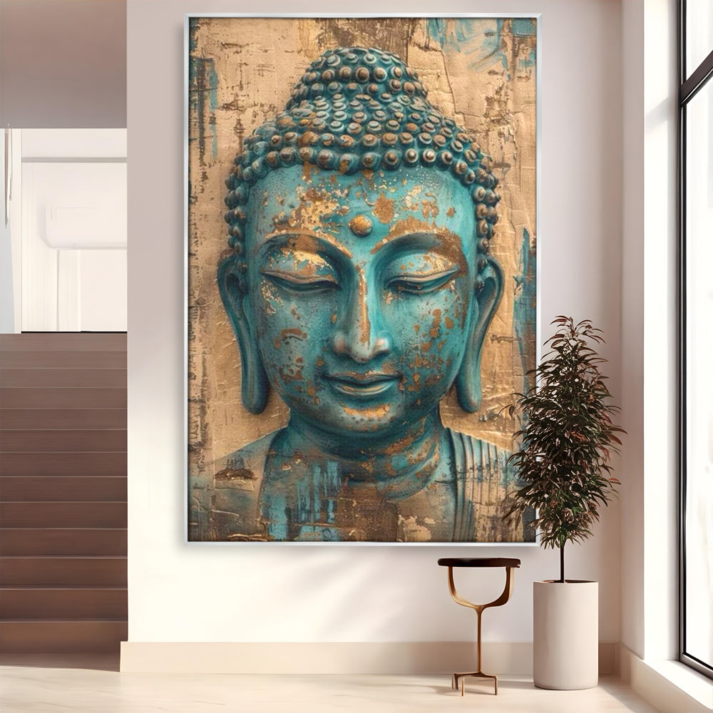 Tablou canvas cu tablou canvas cu capul lui buddha turcoaz, in rama de aluminiu argintiu