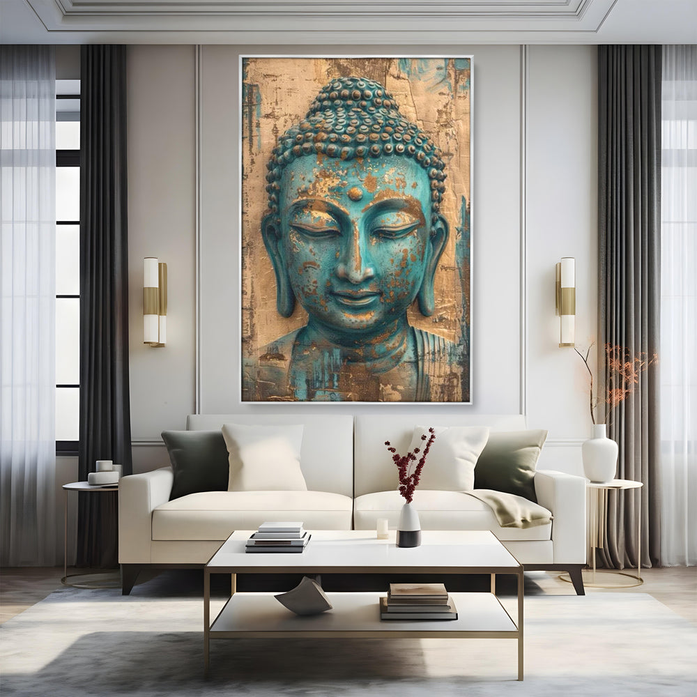 Tablou canvas cu tablou canvas cu capul lui buddha turcoaz, in rama de aluminiu argintiu, pe perete intr-un living