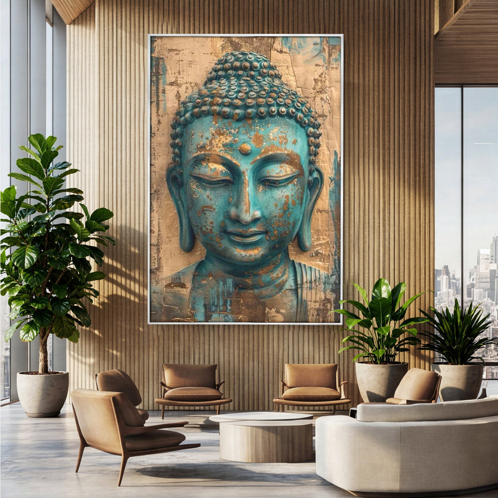 Tablou canvas cu tablou canvas cu capul lui buddha turcoaz, in rama de aluminiu argintiu, pe perete intr-un birou