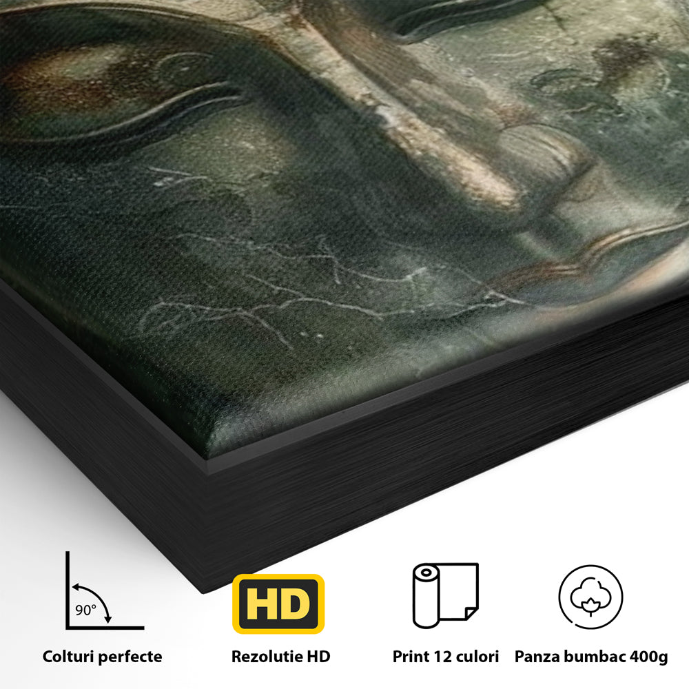 Detaliu al suprafetei: tablou canvas cu portretul lui buddha, in rama de aluminiu negru