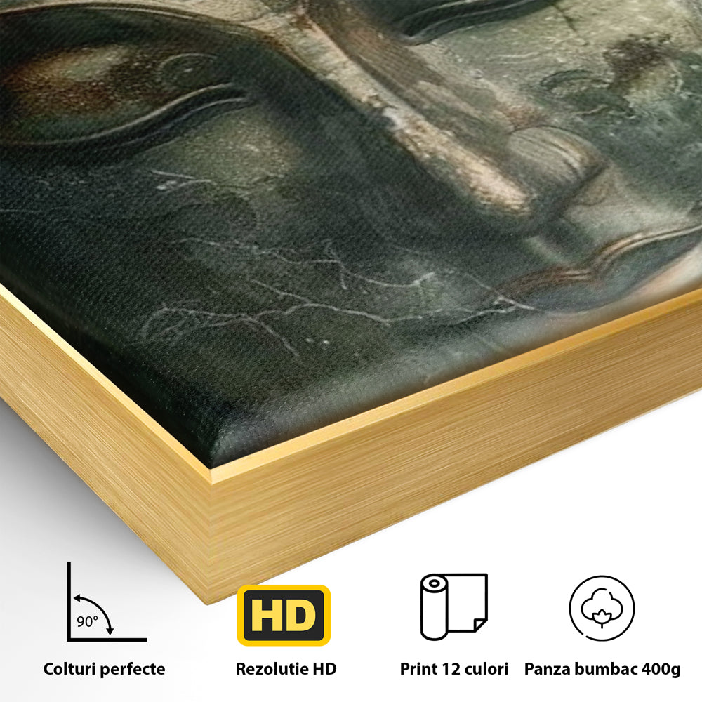 Detaliu al suprafetei: tablou canvas cu portretul lui buddha, in rama de aluminiu auriu