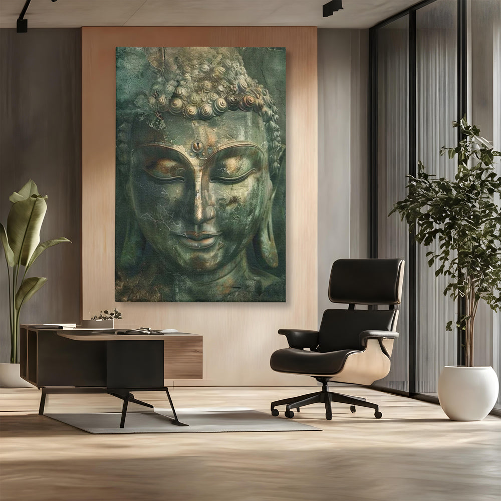 Tablou canvas cu tablou canvas cu portretul lui buddha, fara rama, pe sasiu de lemn, pe perete intr-un birou