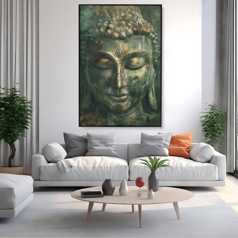 Tablou canvas cu tablou canvas cu portretul lui buddha, in rama de aluminiu negru, pe perete intr-un living