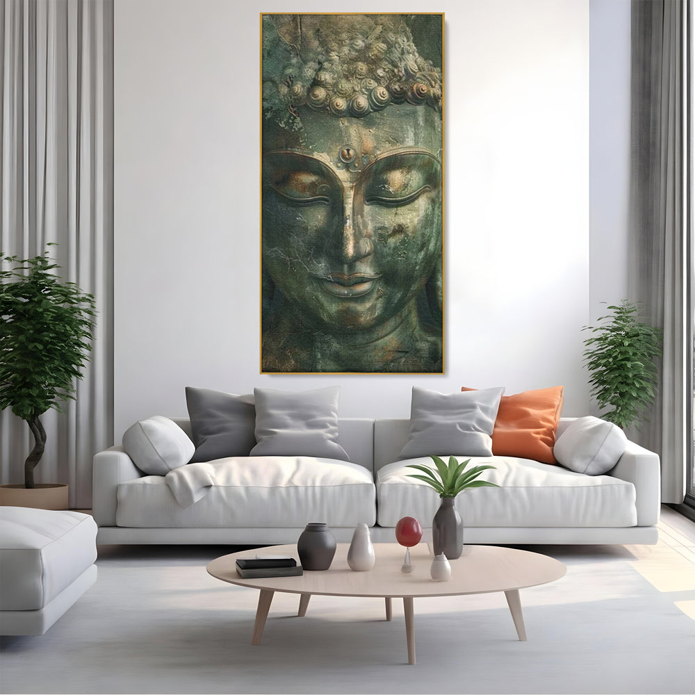 Tablou canvas cu tablou canvas cu portretul lui buddha, in rama de aluminiu auriu, pe perete intr-un living