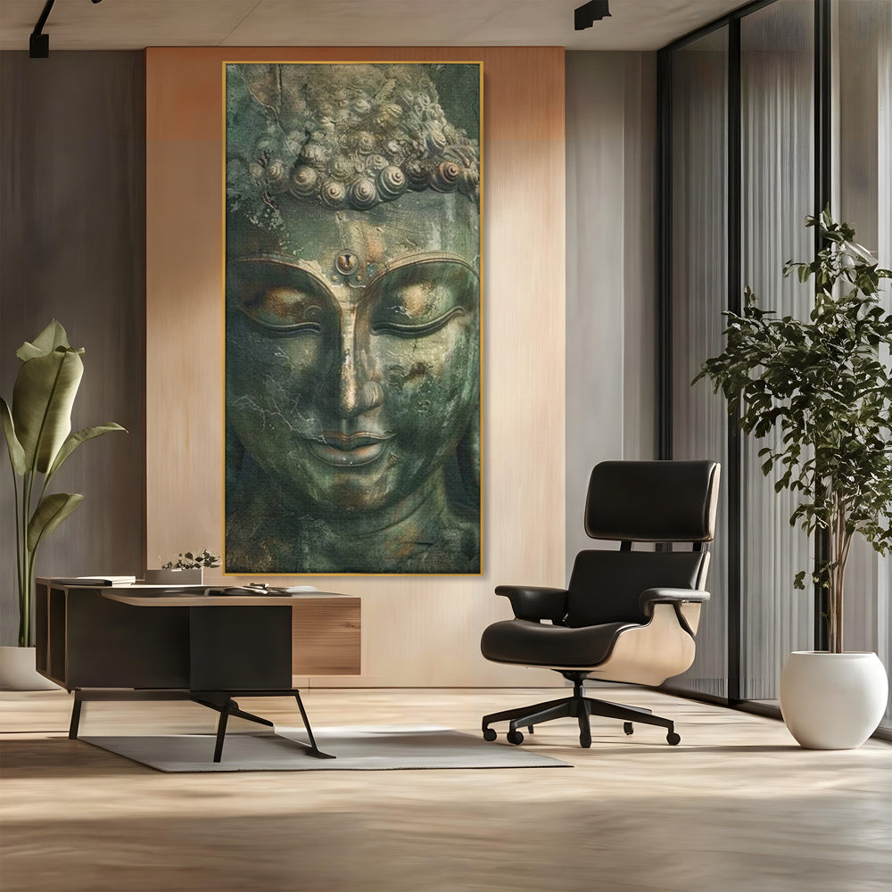 Tablou canvas cu tablou canvas cu portretul lui buddha, in rama de aluminiu auriu, pe perete intr-un birou