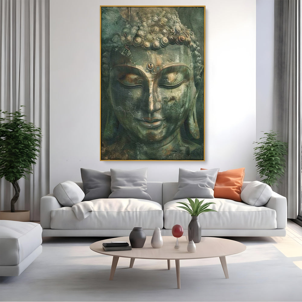 Tablou canvas cu tablou canvas cu portretul lui buddha, in rama de aluminiu auriu, pe perete intr-un living