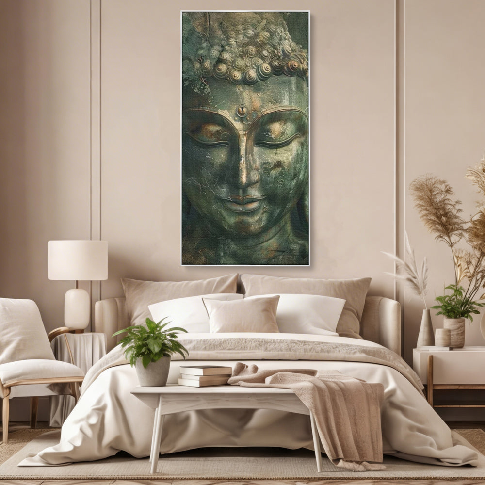 Tablou canvas cu tablou canvas cu portretul lui buddha, in rama de aluminiu argintiu, pe perete intr-un dormitor