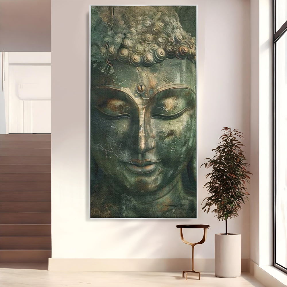 Tablou canvas cu tablou canvas cu portretul lui buddha, in rama de aluminiu argintiu