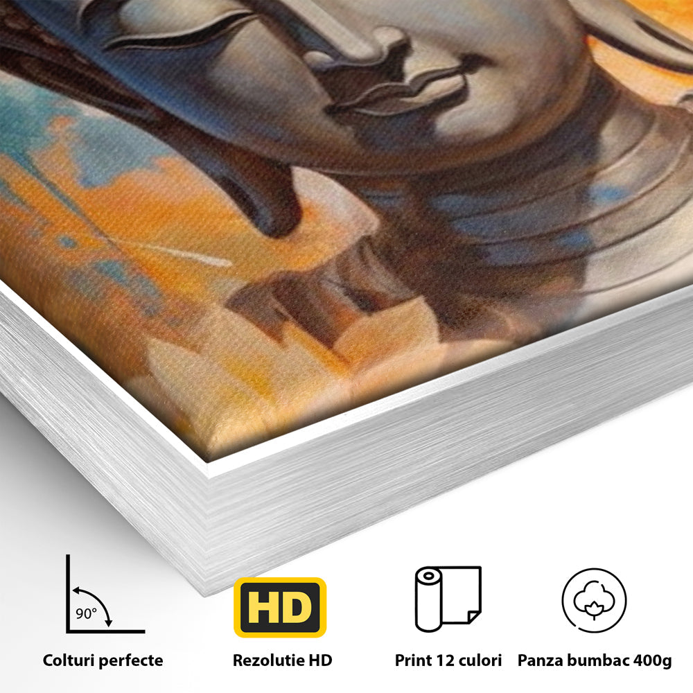Detaliu al suprafetei: tablou canvas cu buddha si flori de lotus, in rama de aluminiu argintiu