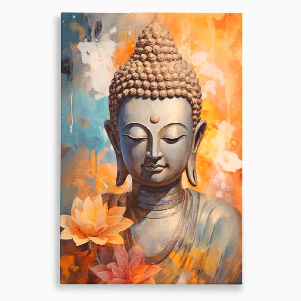 Tablou canvas cu tablou canvas cu buddha si flori de lotus, fara rama, pe sasiu de lemn