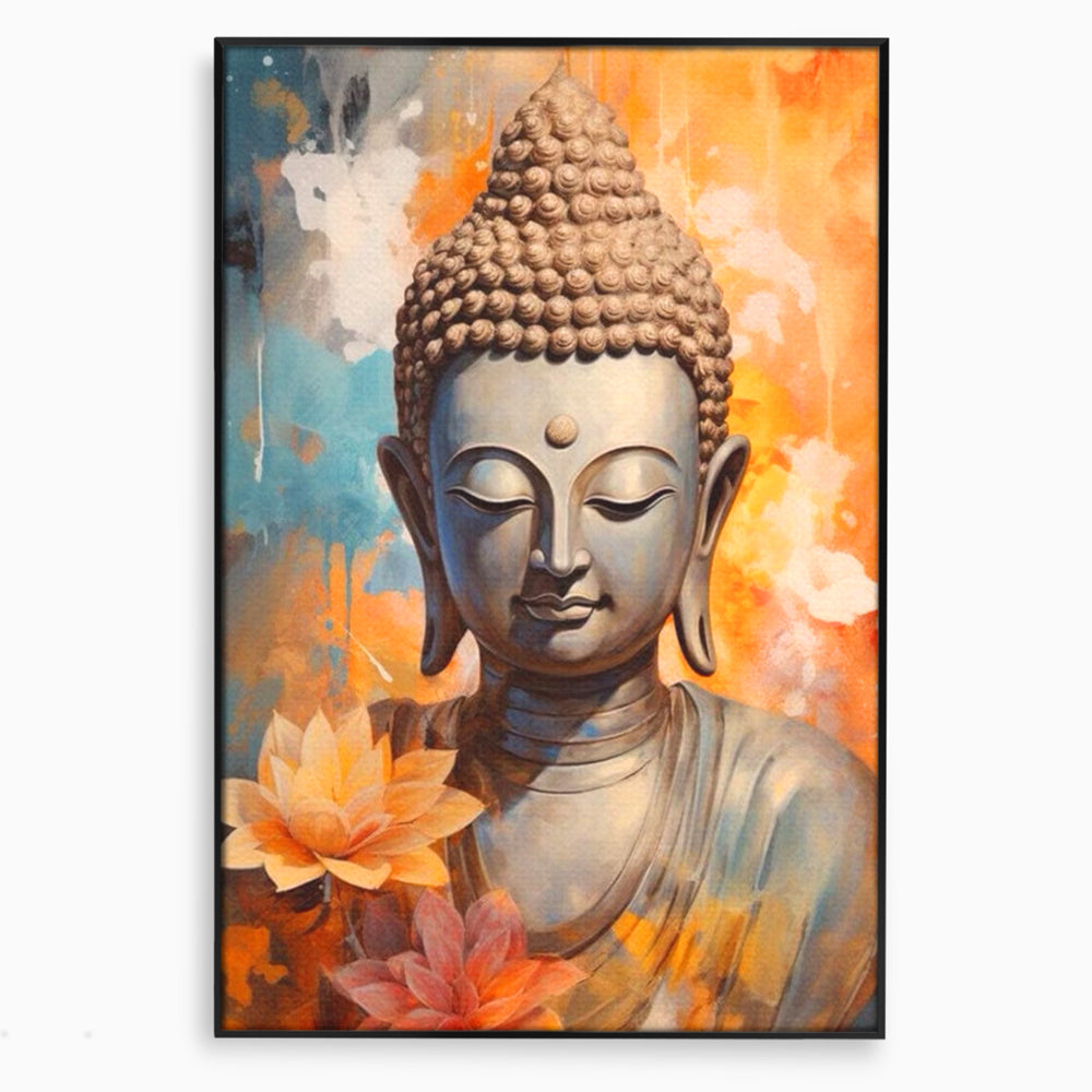 Tablou canvas cu tablou canvas cu buddha si flori de lotus, in rama de aluminiu negru