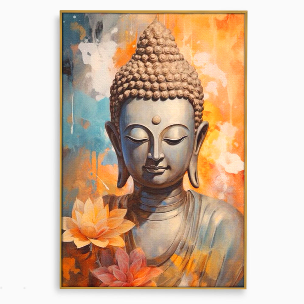 Tablou canvas cu tablou canvas cu buddha si flori de lotus, in rama de aluminiu auriu