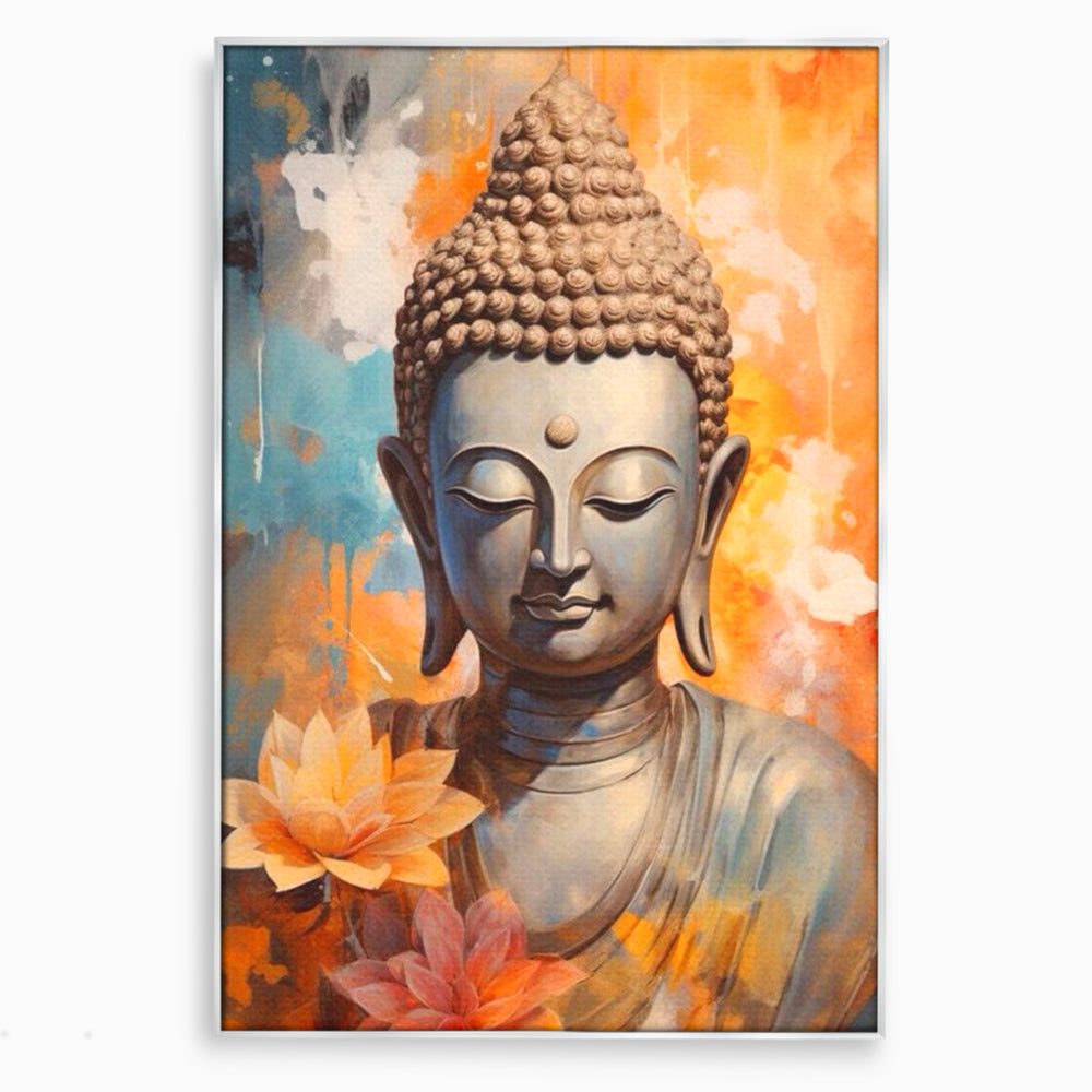 Tablou canvas cu tablou canvas cu buddha si flori de lotus, in rama de aluminiu argintiu