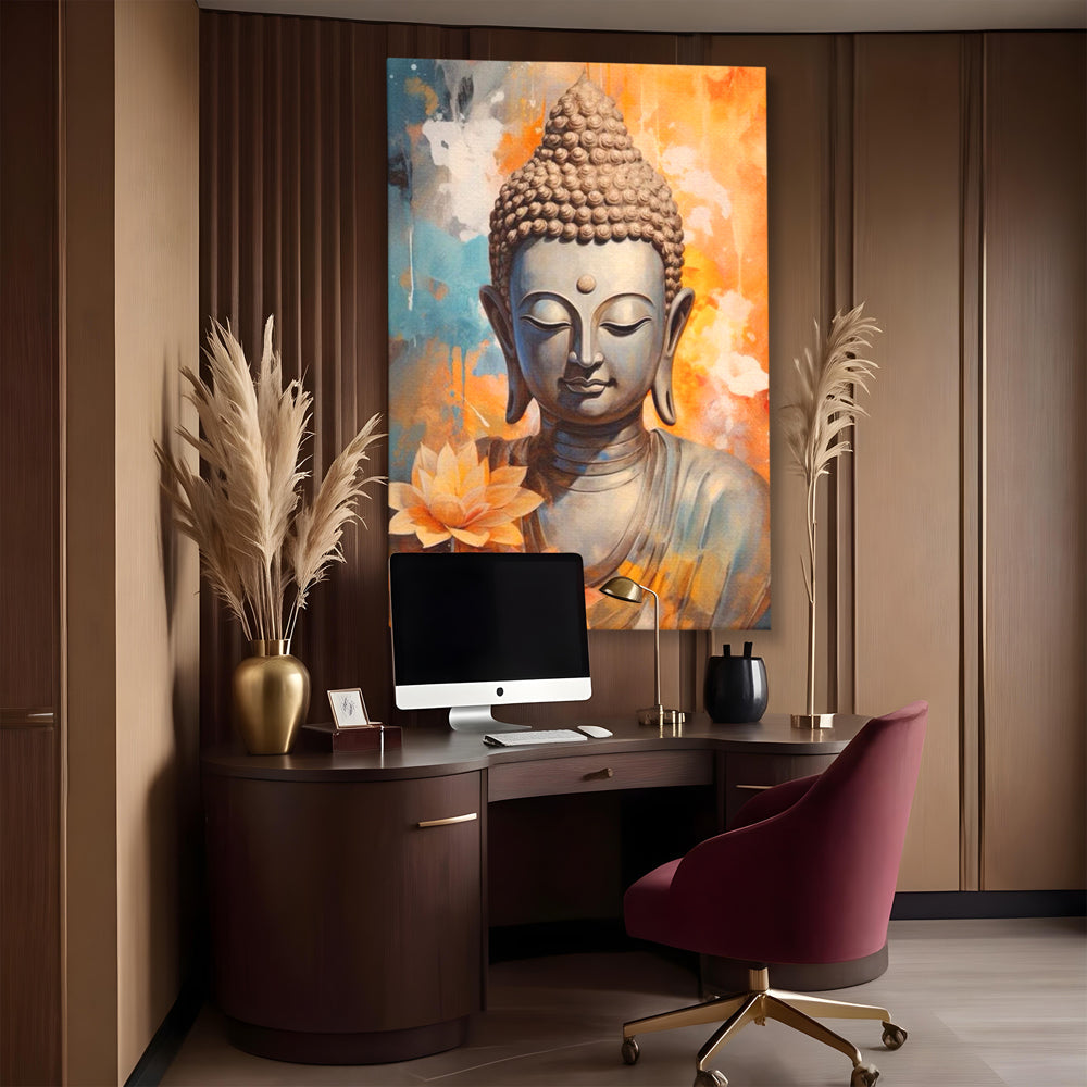 Tablou canvas cu tablou canvas cu buddha si flori de lotus, fara rama, pe sasiu de lemn, pe perete intr-un birou