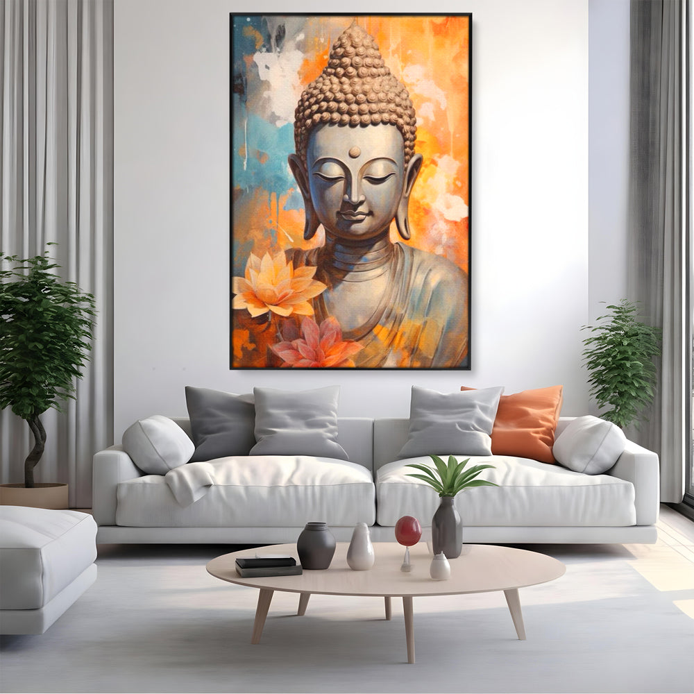 Tablou canvas cu tablou canvas cu buddha si flori de lotus, in rama de aluminiu negru, pe perete intr-un living
