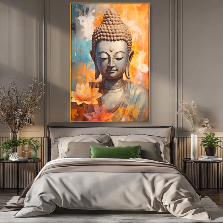 Tablou canvas cu tablou canvas cu buddha si flori de lotus, in rama de aluminiu auriu, pe perete intr-un dormitor