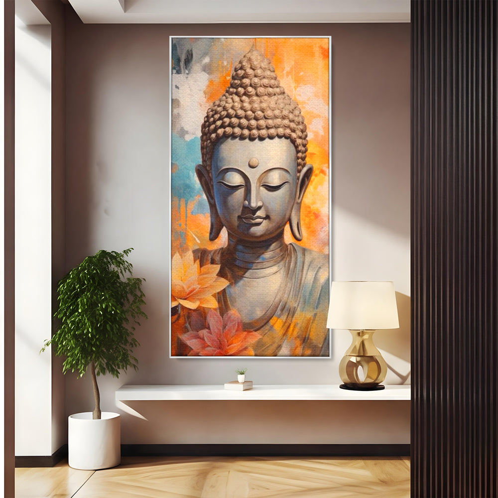 Tablou canvas cu tablou canvas cu buddha si flori de lotus, in rama de aluminiu argintiu