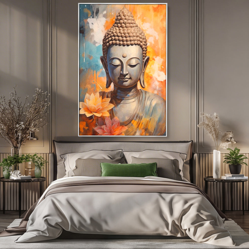 Tablou canvas cu tablou canvas cu buddha si flori de lotus, in rama de aluminiu argintiu, pe perete intr-un dormitor