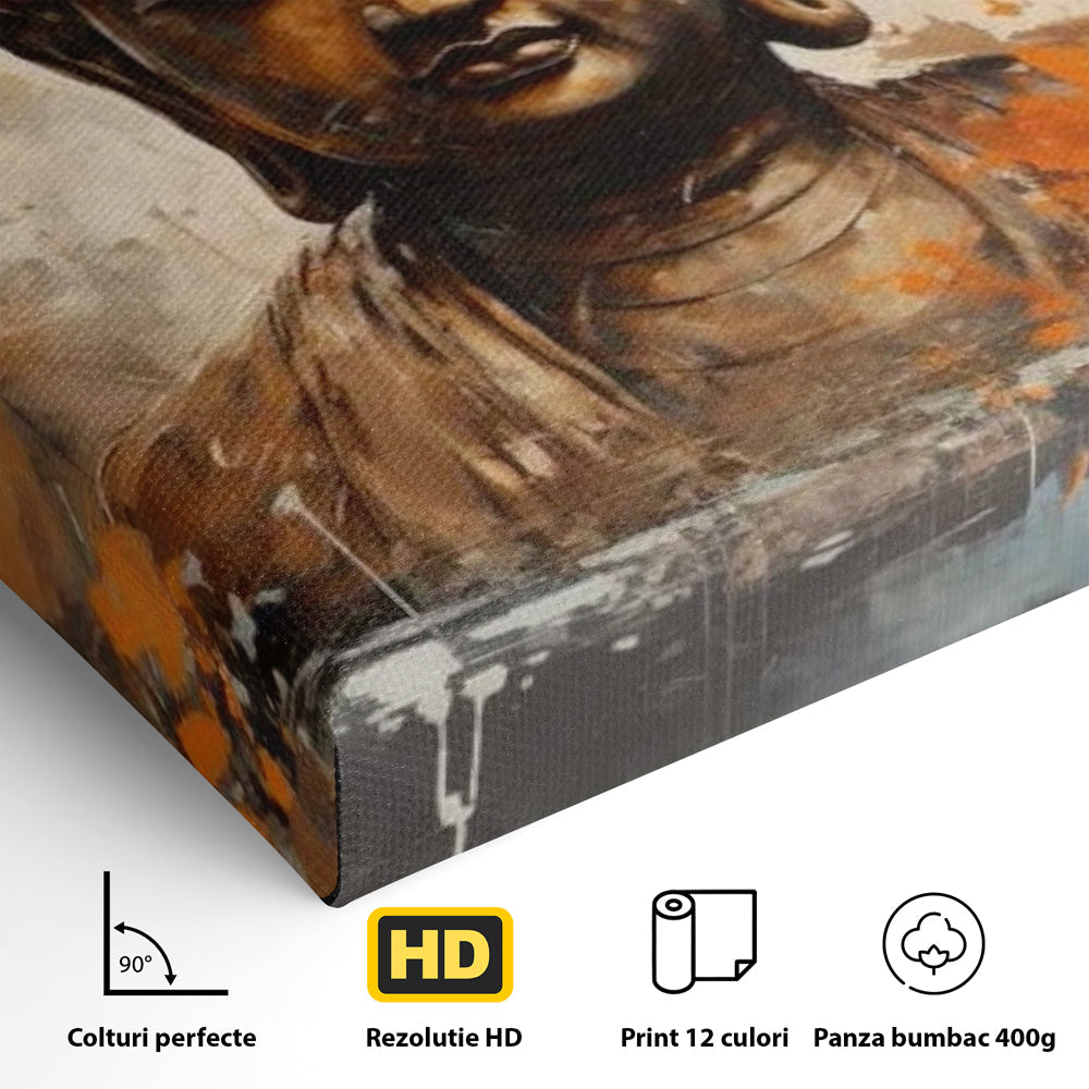 Detaliu al suprafetei: tablou canvas cu bustul lui buddha, fara rama, pe sasiu de lemn