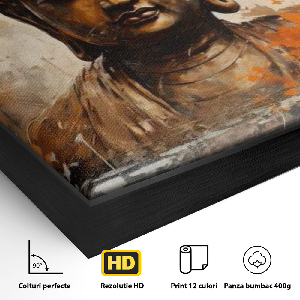Detaliu al suprafetei: tablou canvas cu bustul lui buddha, in rama de aluminiu negru