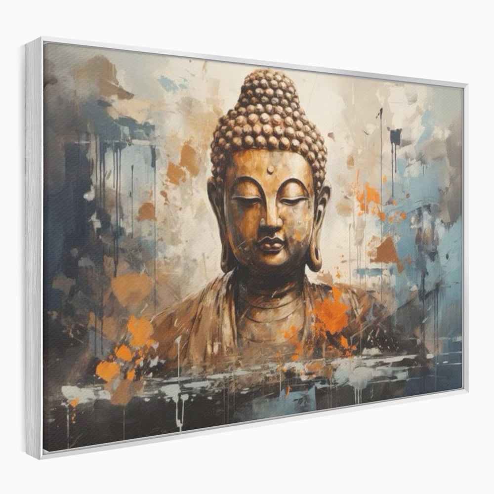Tablou canvas cu tablou canvas cu bustul lui buddha, in rama de aluminiu argintiu