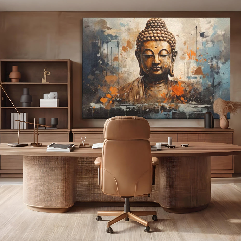 Tablou canvas cu tablou canvas cu bustul lui buddha, fara rama, pe sasiu de lemn, pe perete intr-un birou
