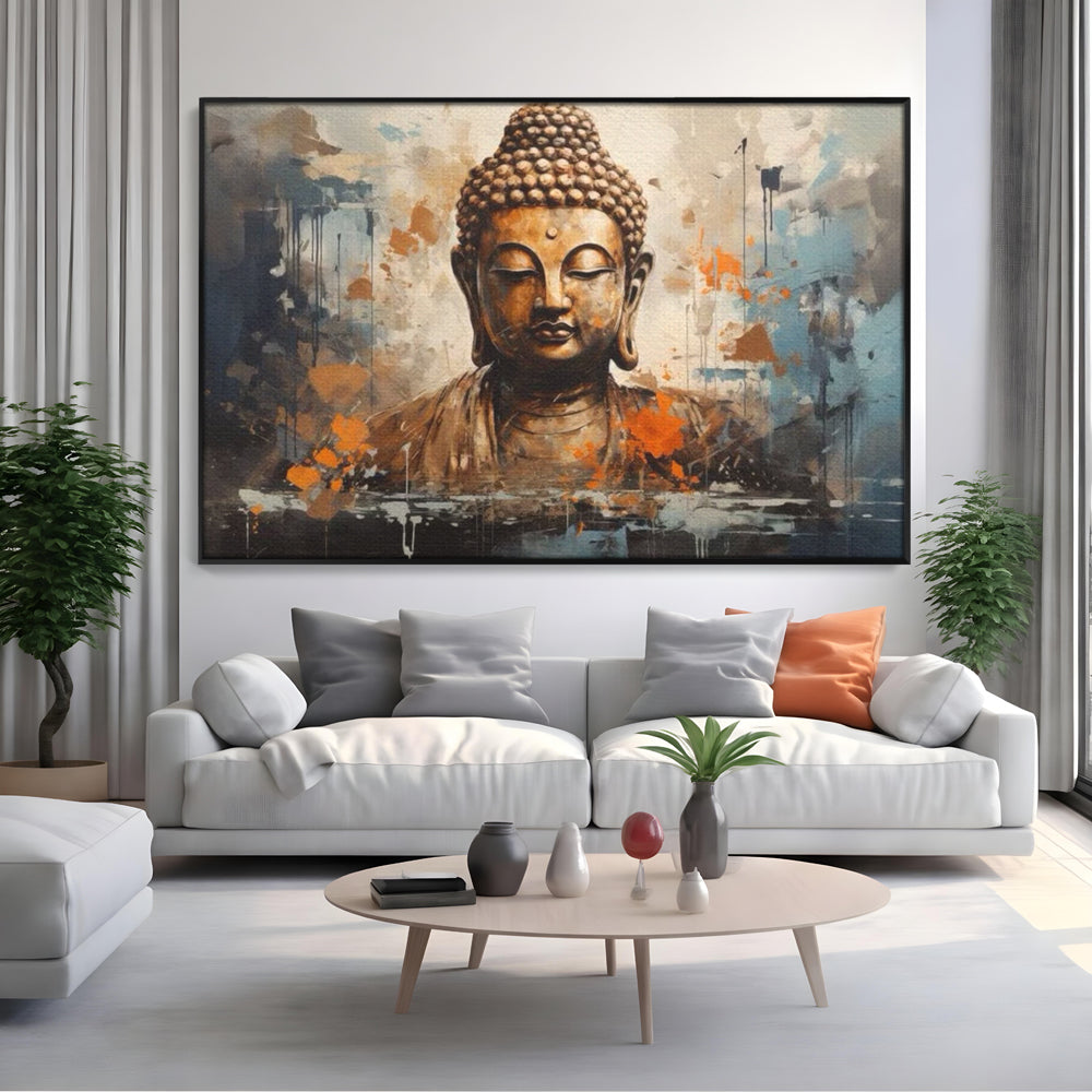 Tablou canvas cu tablou canvas cu bustul lui buddha, in rama de aluminiu negru, pe perete intr-un living