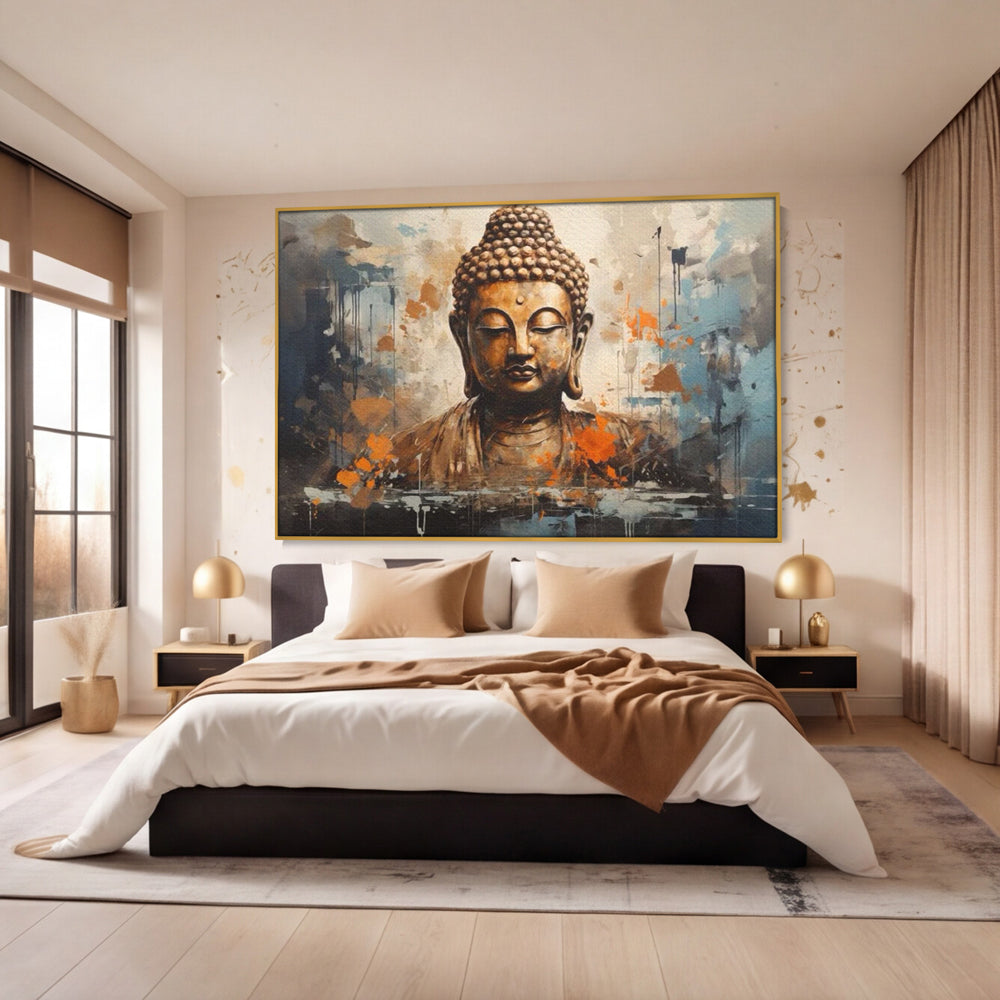 Tablou canvas cu tablou canvas cu bustul lui buddha, in rama de aluminiu auriu, pe perete intr-un dormitor