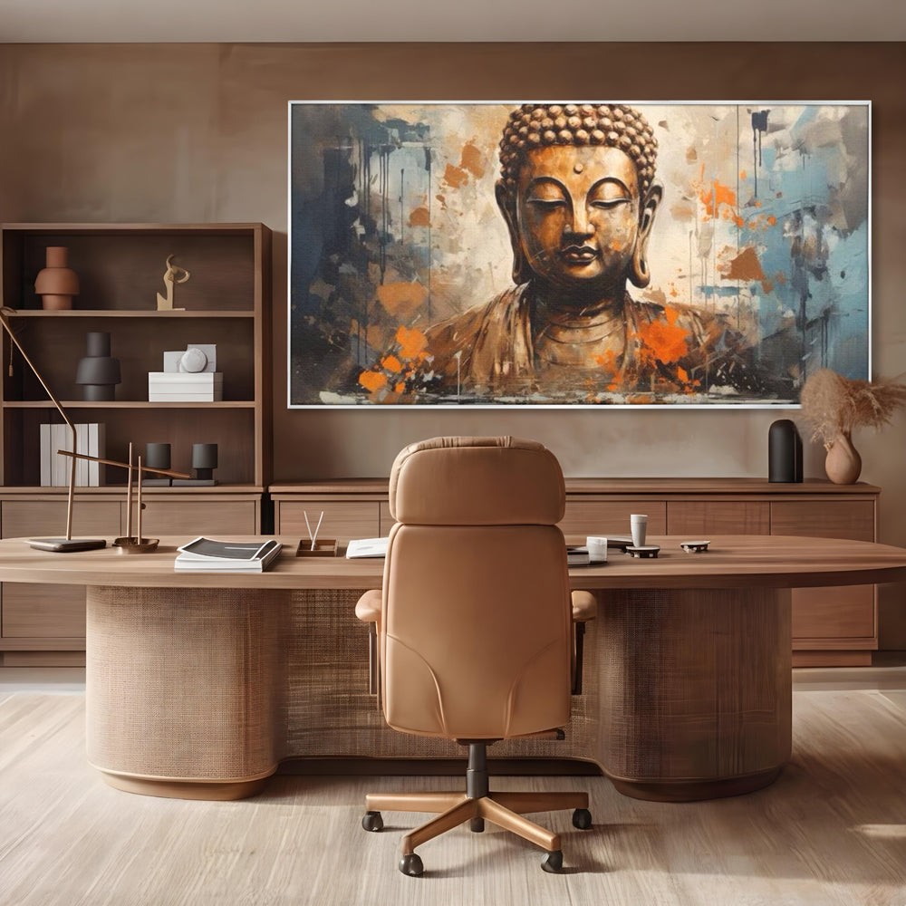 Tablou canvas cu tablou canvas cu bustul lui buddha, in rama de aluminiu argintiu, pe perete intr-un birou