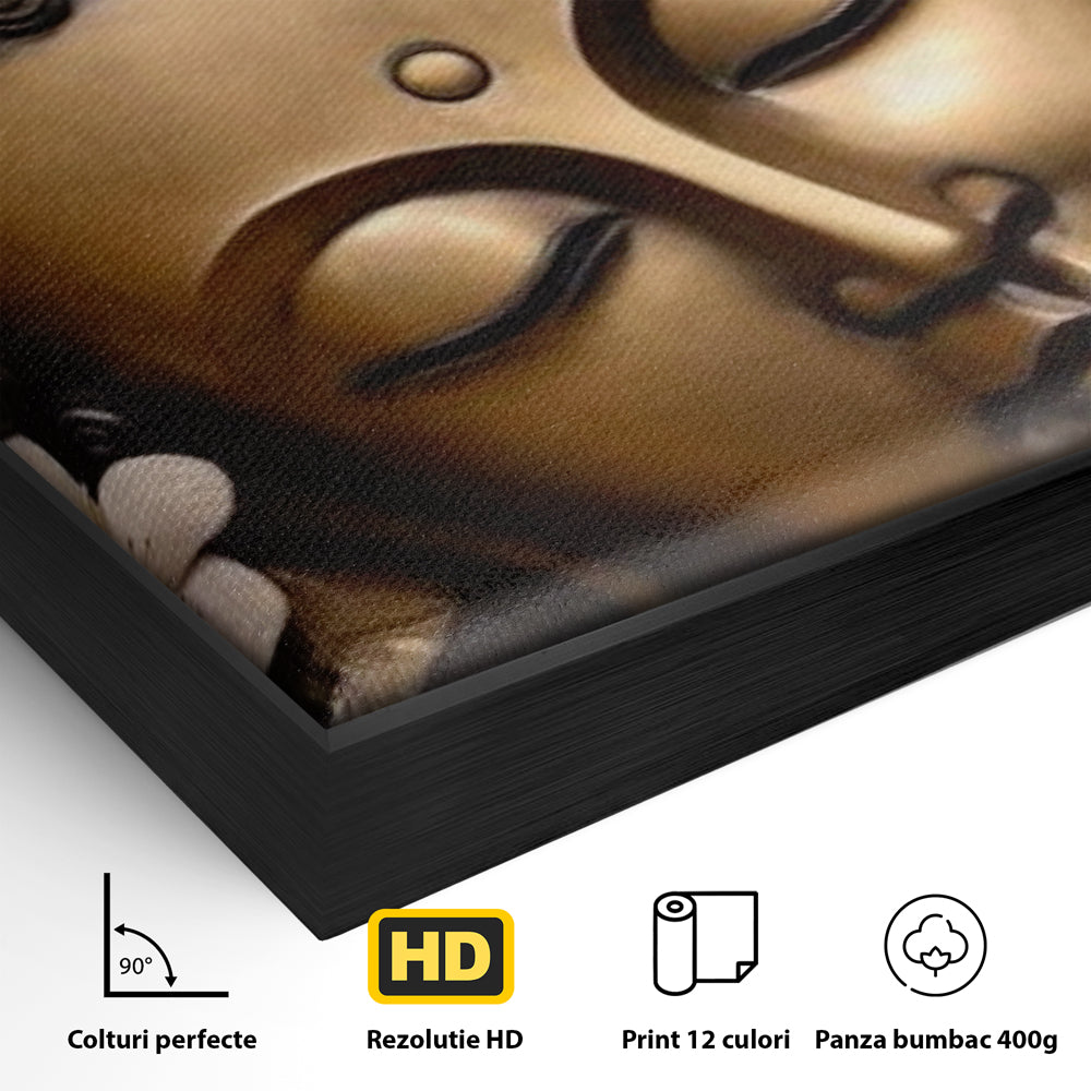 Detaliu al suprafetei: tablou canvas cu capul lui buddha, in rama de aluminiu negru