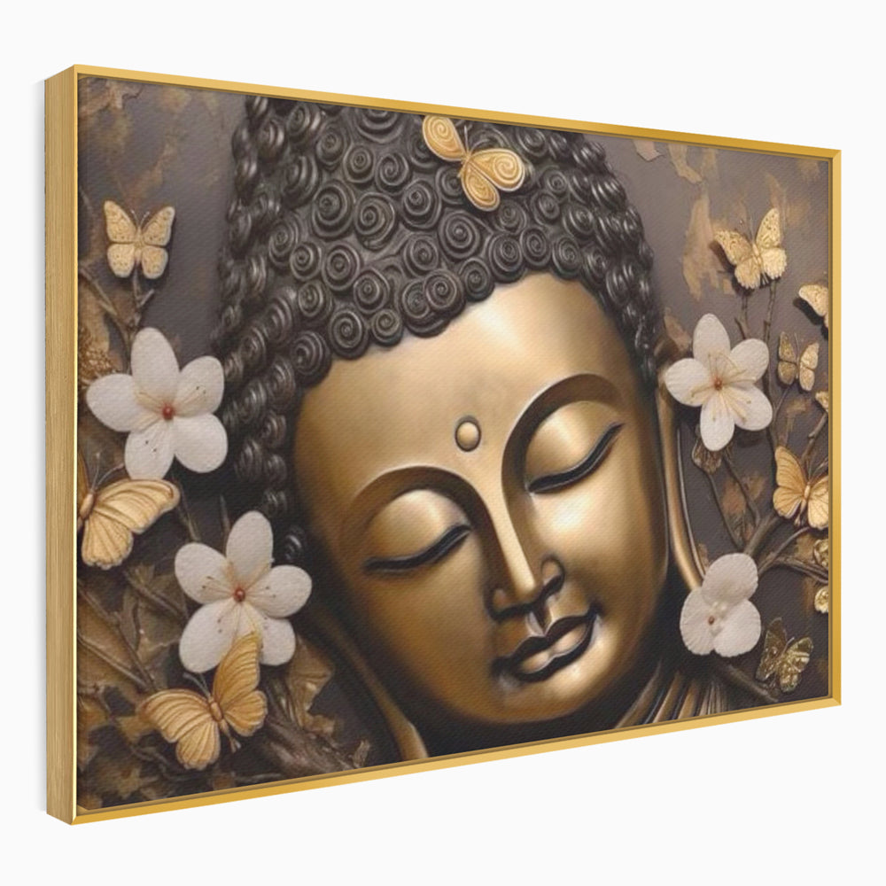 Tablou canvas cu tablou canvas cu capul lui buddha, in rama de aluminiu auriu